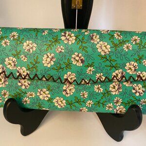 Floral Envelope Wallet - Green with White flowers and brown stitched trim  NWOT